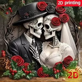 -16%1pc 2D Flat Vintage "Skeleton Couple" Romantic Metal Wall Art With Floral Details, Dia De Los Muertos Inspired Skeleton Couple, Suitable For Home, Bar, Restaurant Or Tabletop Decor, Metal Wall Art Decor, Random Hole Positions