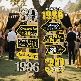 -1%10pcs Black & Gold 30th Birthday Decorations, 30 Years Old Birthday Photo Booth Props, 1996 Year Decor For 30th Birthday Party Home, Living Room, Outdoor