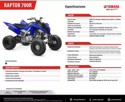 Catálogo Yamaha en Quellón | Raptor 700R | 2026-07-13T00:00:00.000Z - 2027-07-31T00:00:00.000Z