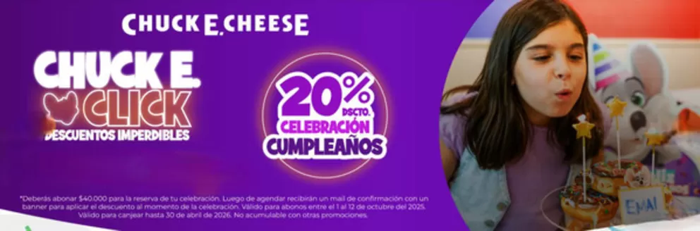 Catálogo Chuck E. Cheese´s en Santiago | Hasta 20% dcto! | 2025-10-01T00:00:00.000Z - 2026-04-30T00:00:00.000Z
