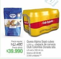 Queso Alpina Sopó cubos x 250 g + sixpack de cerveza Club Colombia Dorada lata x 6 und x 330 ml c/u