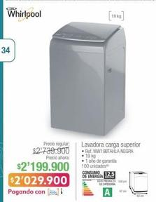 Whirlpool Lavadora carga superior • Ref. WW19BTAHLA NEGRA • 19 kg 