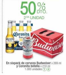 En sixpack de cerveza Budweiser x 269 ml y Coronita botella x