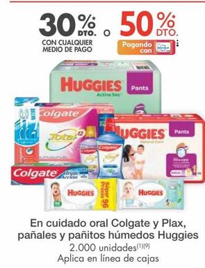 En cuidado oral Colgate y Plax, pañales y pañitos húmedos Huggies