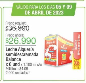 Leche Alquería semidescremada Balance x 6 und x 1.100 ml c/u