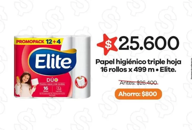 Elite - Papel higiénico triple hoja 16 rollos x 499 m