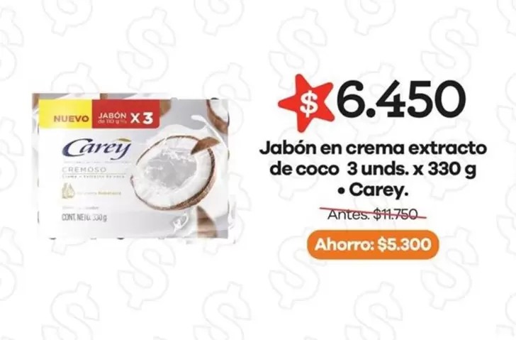 Carey - Jabón en crema extracto de coco 3 unds. x 330 g