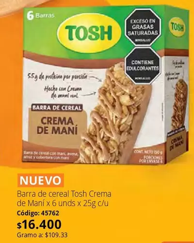 Tosh - Barra de cereal Crema de Maní x 6 unds x 25g c/u