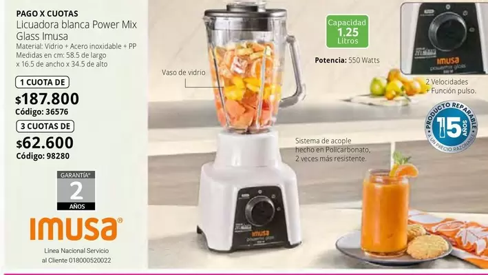 Imusa - Licuadora blanca Power Mix Glass