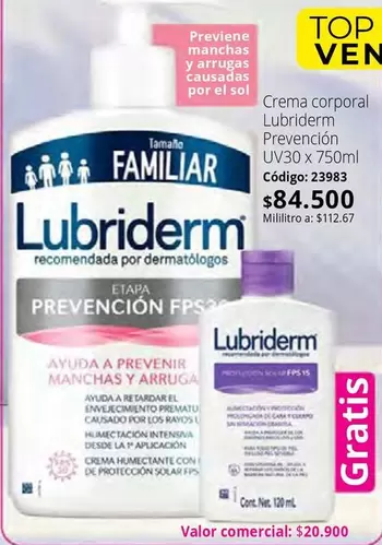 Lubriderm - Crema corporal Prevención UV30 x 750ml