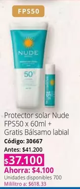 Nude - Protector solar x 60ml + Gratis Bálsamo labial