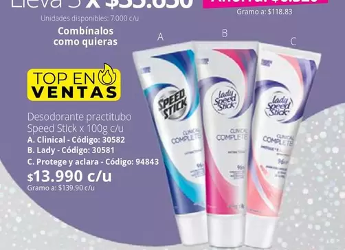 Speed Stick - Desodorante practitubo x 100g c/u