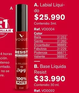 Vogue - Labial Liquido, Base Líquida