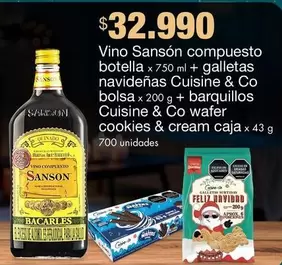 Cuisine & Co - Vino Sansón compuesto botella x 750 ml + galletas navideñas  bolsa x 200 g + barquillos  wafer cookies & cream caja x 43 g
