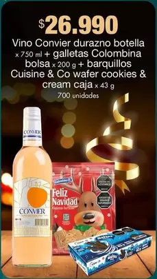 Cuisine & Co - Vino durazno botella + galletas Colombina + barquillos  wafer cookies & cream caja