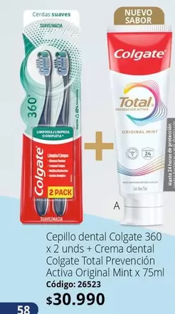 Colgate - Cepillo dental 360 x 2 unds + Crema dental Total Prevención Activa Original Mint x 75ml