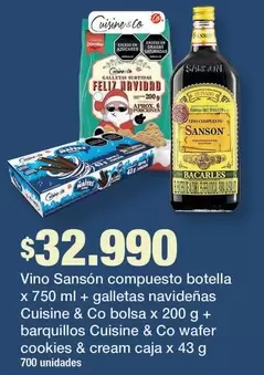 Cuisine & Co - Vino Sansón compuesto botella x 750 ml + galletas navideñas + barquillos wafer cookies & cream caja x 43 g