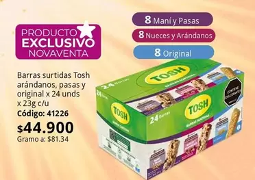 Tosh - Barras surtidas arándanos, pasas y original x 24 unds x 23g c/u Código: 41226