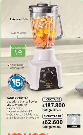 Imusa - Licuadora blanca Power Mix Glass