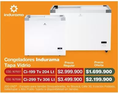 Congeladores Indurama Tapa Vidrio CODs. 167937, 167938