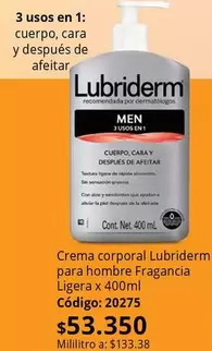 Lubriderm - Crema corporal  para hombre Fragancia Ligera x 400ml