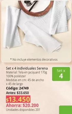 no - Set x 4 individuales Serena