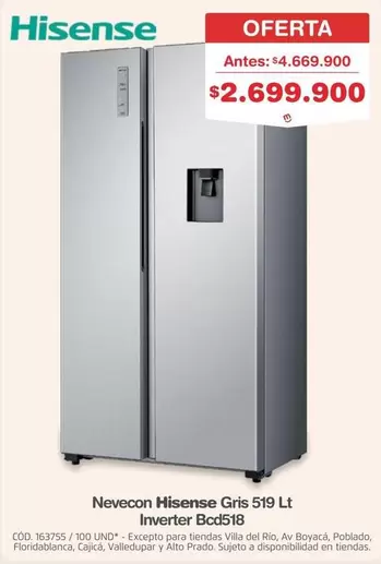 Hisense - Nevecon Gris 519 Lt Inverter Bcd518