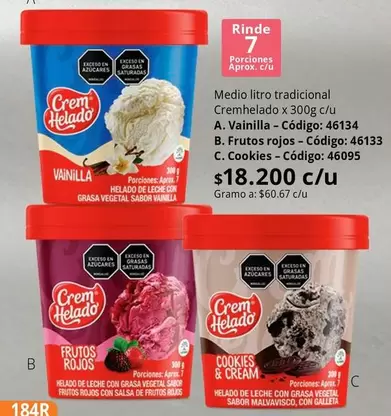 Crem Helado - Vainilla - Código: 46134, Frutos rojos - Código: 46133, Cookies - Código: 46095