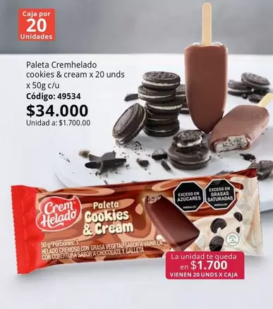 Crem Helado - cookies & cream x 20 unds