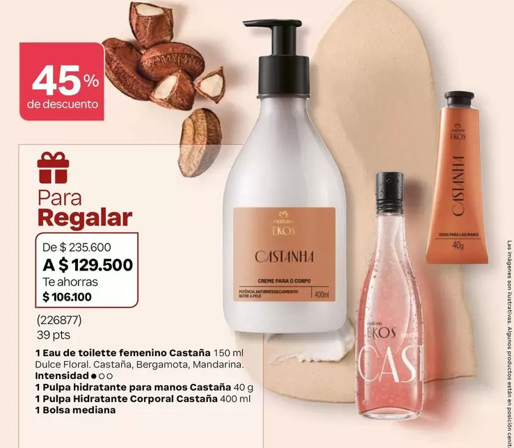 Mandarina - Eau de toilette femenino Castaña 150 ml, Pulpa hidratante para manos Castaña 40 g, Pulpa Hidratante Corporal Castaña 400 ml, Bolsa mediana