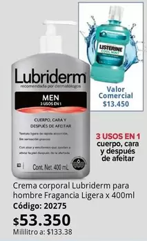 Lubriderm - Crema corporal  para hombre Fragancia Ligera x 400ml
