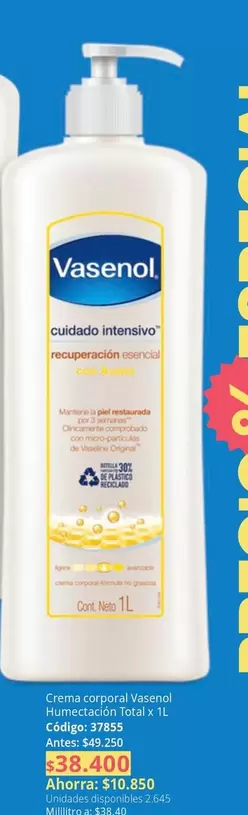 Vasenol - Creme corporal de  Recuperação Intensiva 1 L