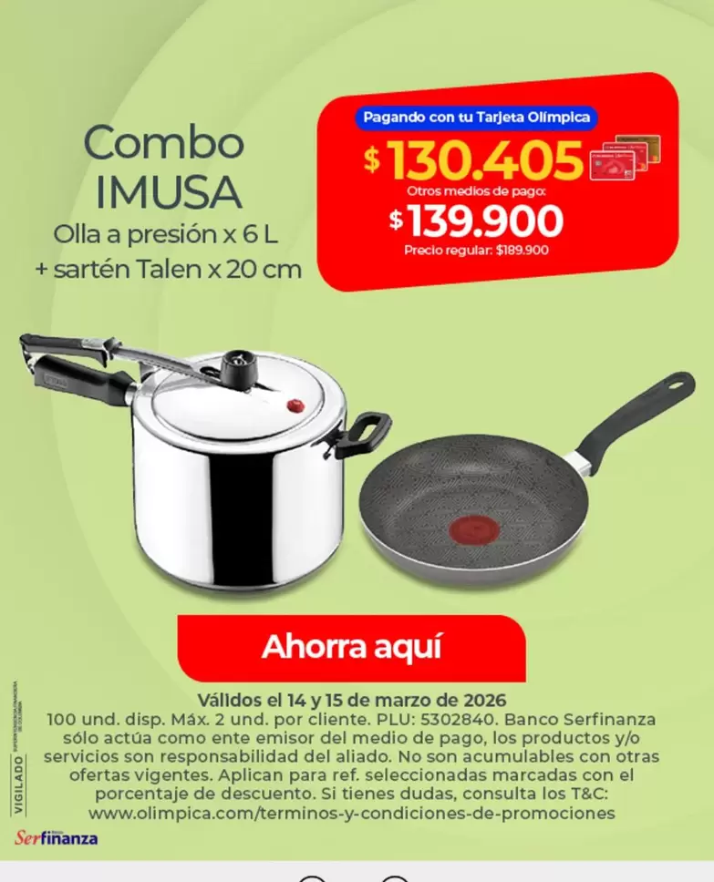 Imusa - Olla a presión x 6 L + sartén Talen x 20 cm