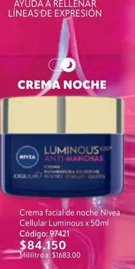 Nivea - Crema facial de noche Cellular Luminous x 50ml
