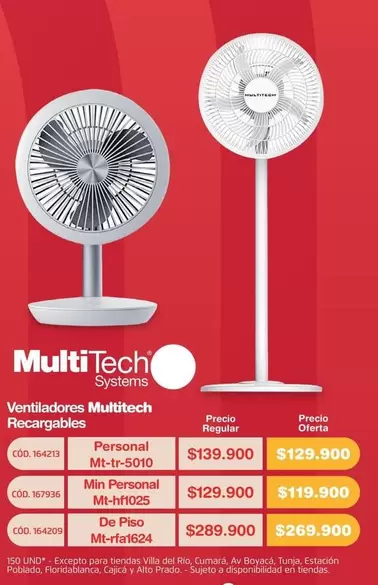 Multitech - Ventiladores  Recargables Personal Mt-tr-5010, Min Personal Mt-hh025, De Piso Mt-rfa1624