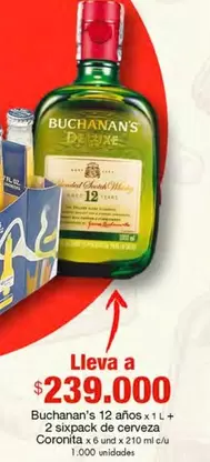 Deluxe - Buchanan's 12 años x 1 L + 2 sixpack de cerveza Coronita x 6 und x 210 ml c/u