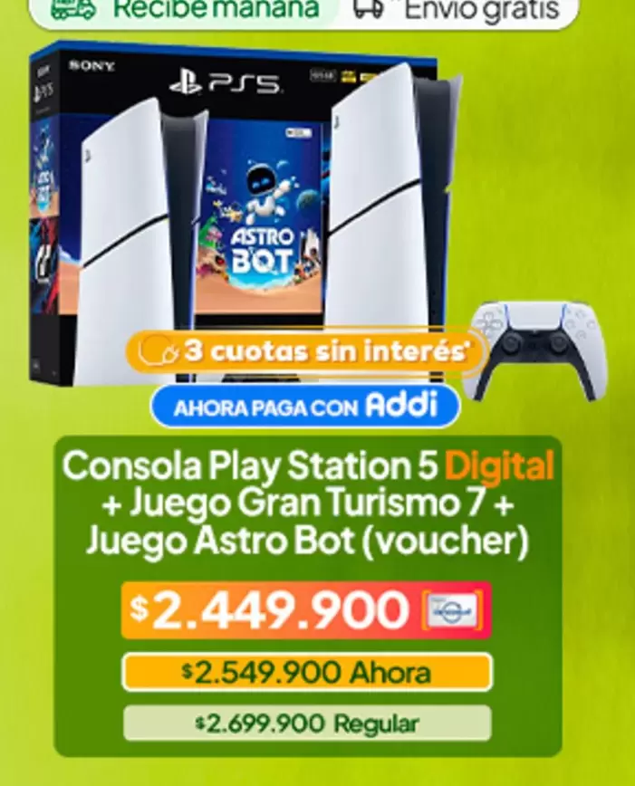 Sony - Consola Play Station 5 Digital + Juego Gran Turismo 7 + Juego Astro Bot (voucher)