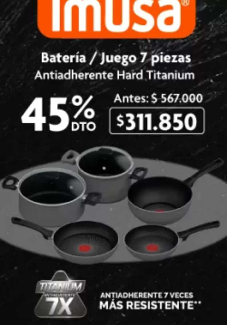 Imusa - Batería / Juego 7 piezas Antiadherente Hard Titanium