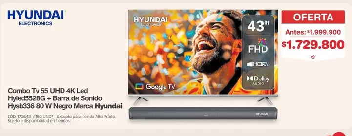 Hyundai - Combo Tv 55 UHD 4K Led Hyled5528G + Barra de Sonido Hystb336 80 W Negro