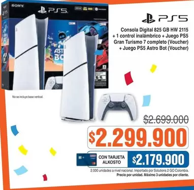 PlayStation - Consola Digital 825 GB HW 2115 + 1 control inalámbrico + Juego Ps5 Gran Turismo 7 completo (Voucher) + Juego PS5 Astro Bot (Voucher)