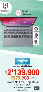 Mabe - Nevera No Frost Top Mount REF. RMP415YCC