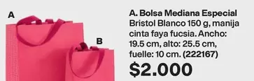 especial - Bolsa Mediana Especial Bristol Blanco 150 g, manija cinta faya fucsia. Ancho: 19.5 cm, alto: 25.5 cm, fuelle: 10 cm. (222167)