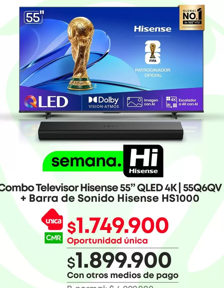 Hisense - Televisor  55" QLED 4K | 55Q6QV + Barra de Sonido  HS1000
