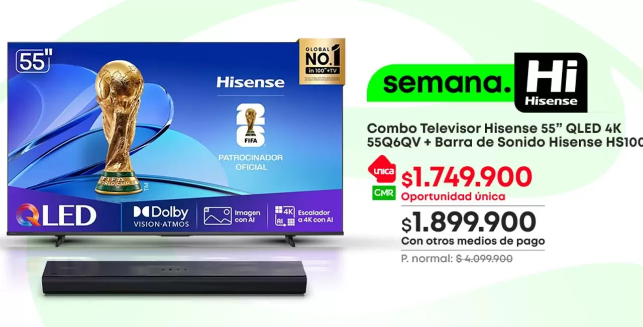Hisense - Combo Televisor 55" QLED 4K 55Q6QV + Barra de Sonido HS100