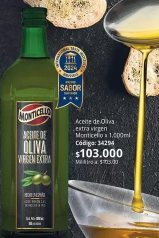 Monticello - Aceite de Oliva extra virgen,  x 1.000ml, Código: 34294