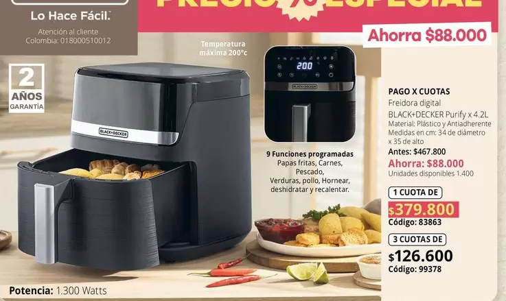 Black & Decker - Freidora digital BLACK+DECKER Purify 4.2L