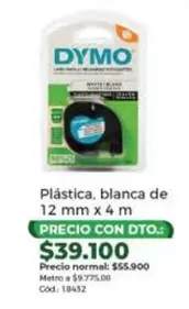 Dymo - Pl	ext{a}stica, blanca de 12 mm x 4 m