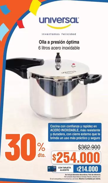 Universal - Olla a presión óptima 6 litros acero inoxidable