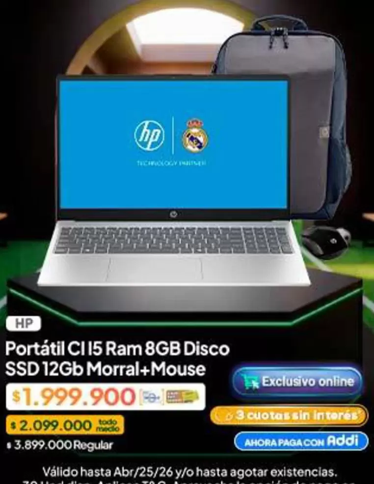 HP - Portátil CI i5 Ram 8GB Disco SSD 12GB Morral+Mouse