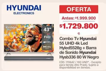 Hyundai - Combo Tv 43" UHD 4K Led Hyled5528g + Barra de Sonido 55" UHD 4K Led Hysb336 80 W Negro